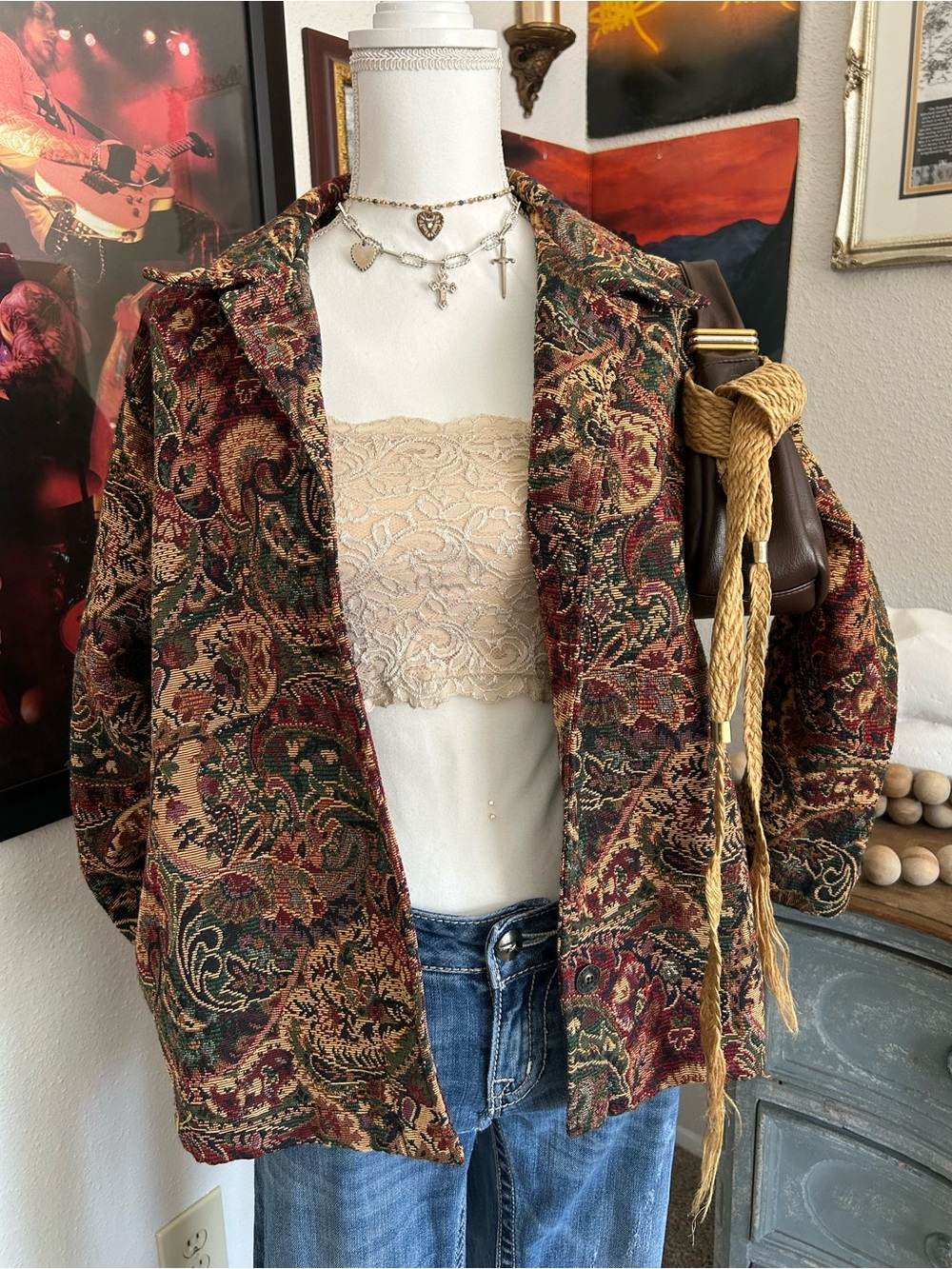 Vintage 90s Tapestry Jacket Women Size L Paisley Retro Boho Western Grandma Chic
